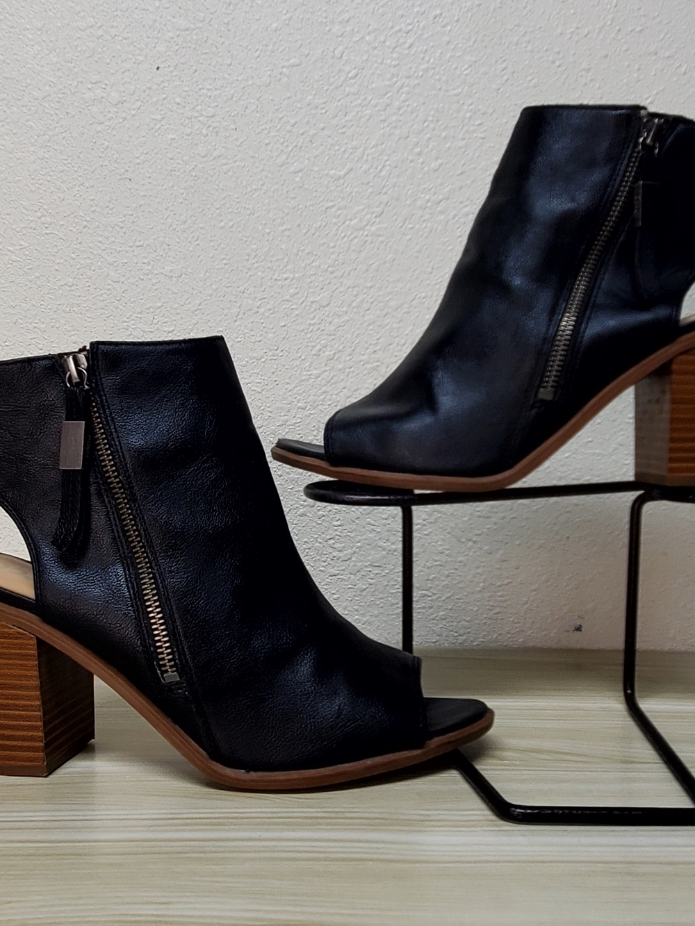 Circus by Sam Edelman Black Leather Peep-Toe Block Heel Ankle Boots - Picture 10 of 14